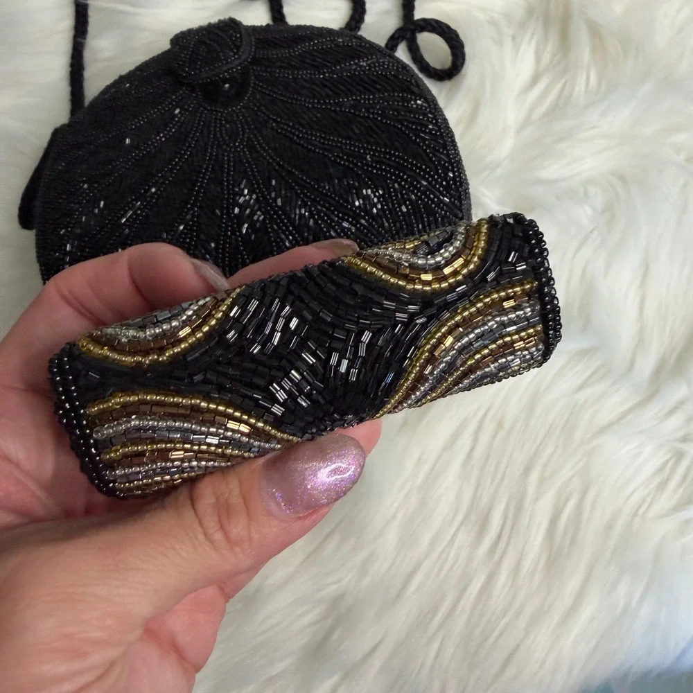 Vintage -‎ Black Beaded Small Purse with Lipstick Holder